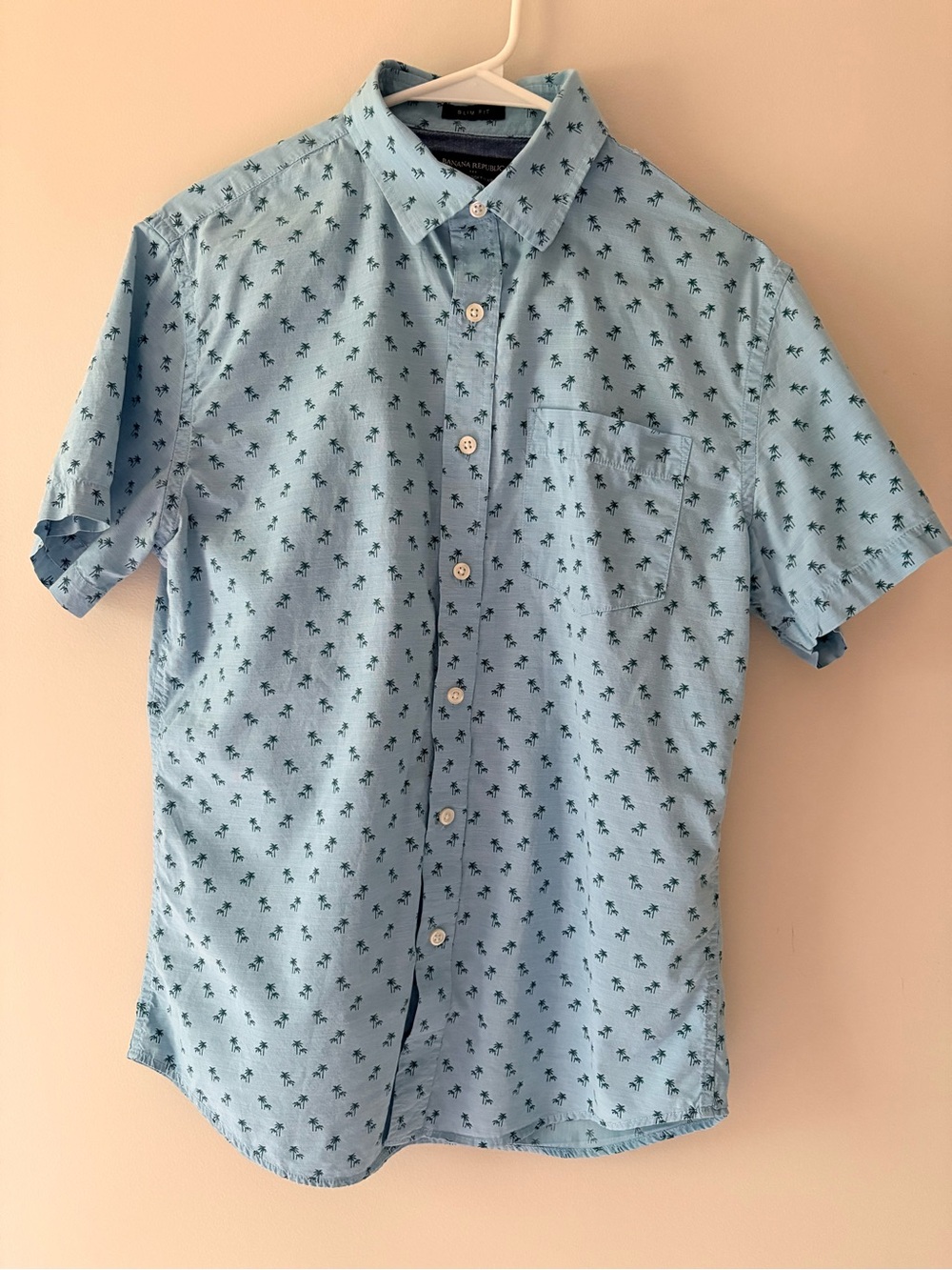 Mens Small Banana Republic Palm Print Summer Button Up Shirt Slim Fit Beach Blue